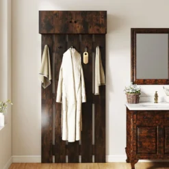 Wandgarderobe mit 5 Doppelhaken & 2-türigem Schrank Wandmontierter Garderobenpaneel Braun
