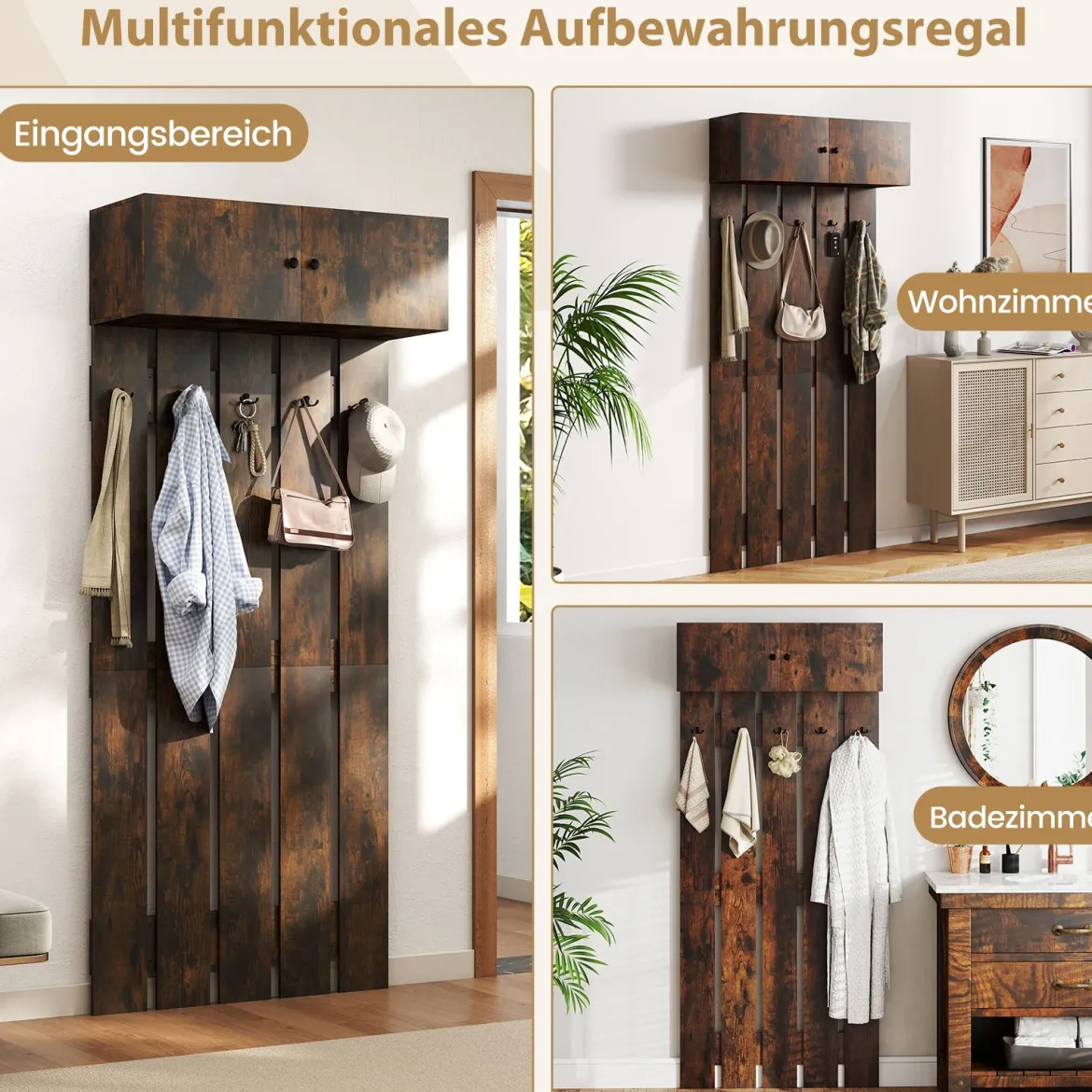 Wandgarderobe mit 5 Doppelhaken & 2-türigem Schrank Wandmontierter Garderobenpaneel Braun