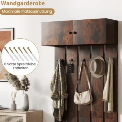 Wandgarderobe mit 5 Doppelhaken & 2-türigem Schrank Wandmontierter Garderobenpaneel Braun