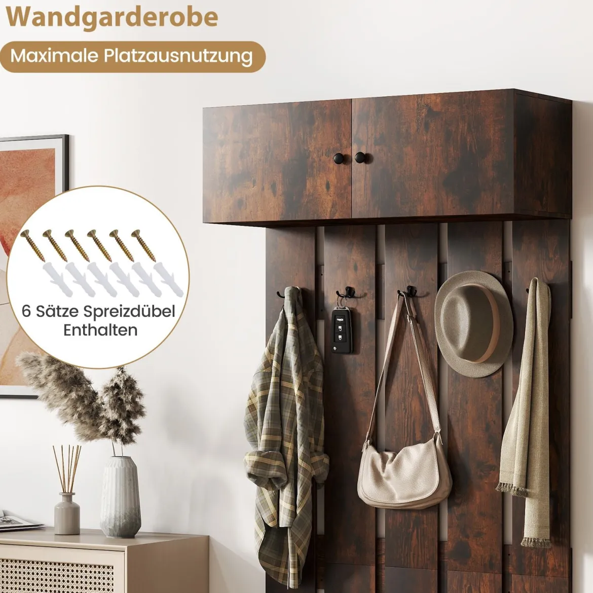Wandgarderobe mit 5 Doppelhaken & 2-türigem Schrank Wandmontierter Garderobenpaneel Braun