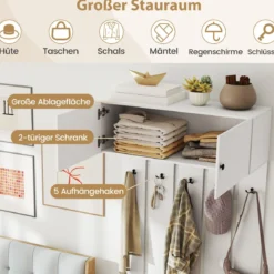 Wandgarderobe mit 5 Doppelhaken & 2-türigem Schrank Wandmontierter Garderobenpaneel Weiß