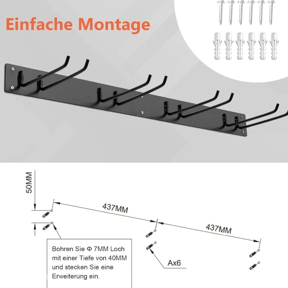 Wand Gerätehalter mit 4 Doppelhaken Gartengerätehalter bis zu 150kg Belastbar