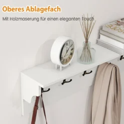 Wandhaken mit Ablage & 6 Haken Holz Garderobe Wandregal für Hüte Handtücher Taschen Weiß