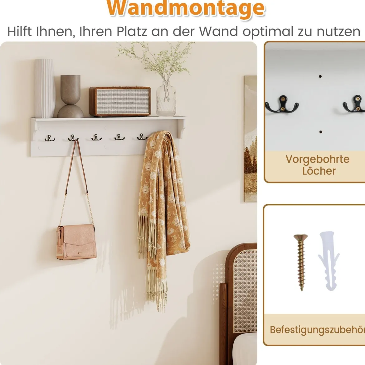 Wandhaken mit Ablage & 6 Haken Holz Garderobe Wandregal für Hüte Handtücher Taschen Weiß