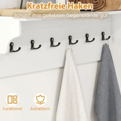 Wandhaken mit Ablage & 6 Haken Holz Garderobe Wandregal für Hüte Handtücher Taschen Weiß