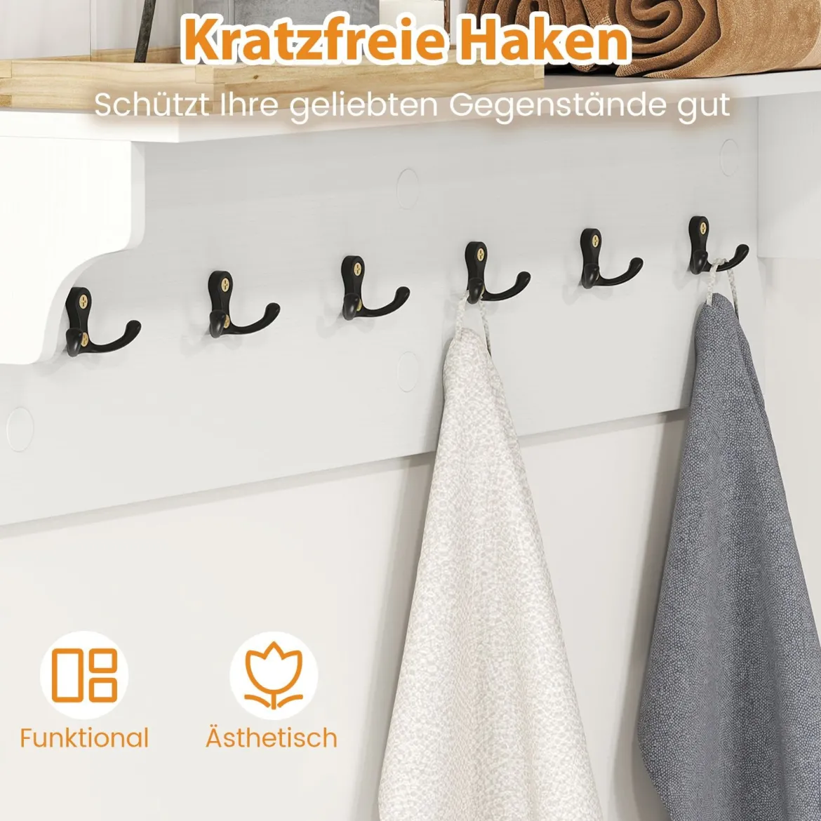 Wandhaken mit Ablage & 6 Haken Holz Garderobe Wandregal für Hüte Handtücher Taschen Weiß