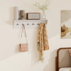 Wandhaken mit Ablage & 6 Haken Holz Garderobe Wandregal für Hüte Handtücher Taschen Weiß