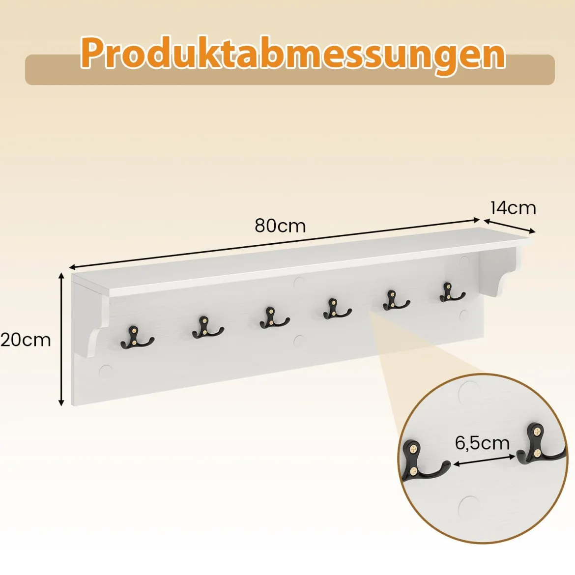 Wandhaken mit Ablage & 6 Haken Holz Garderobe Wandregal für Hüte Handtücher Taschen Weiß