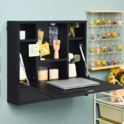 Wandklapptisch mit Ablagefächern & Schublade Klapptisch für Kleine Räume Schwarz