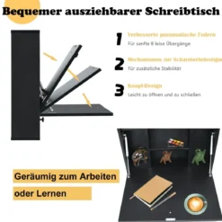 Wandklapptisch mit Ablagefächern & Schublade Klapptisch für Kleine Räume Schwarz