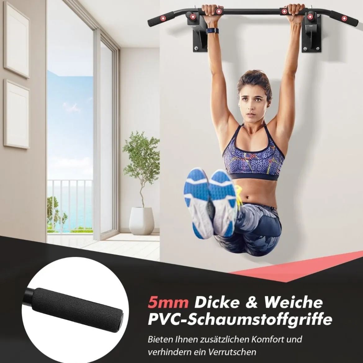 Wandmontierbare Klimmzugstange mit Schaumstoff-Handgriffen max. Gewicht 200 kg