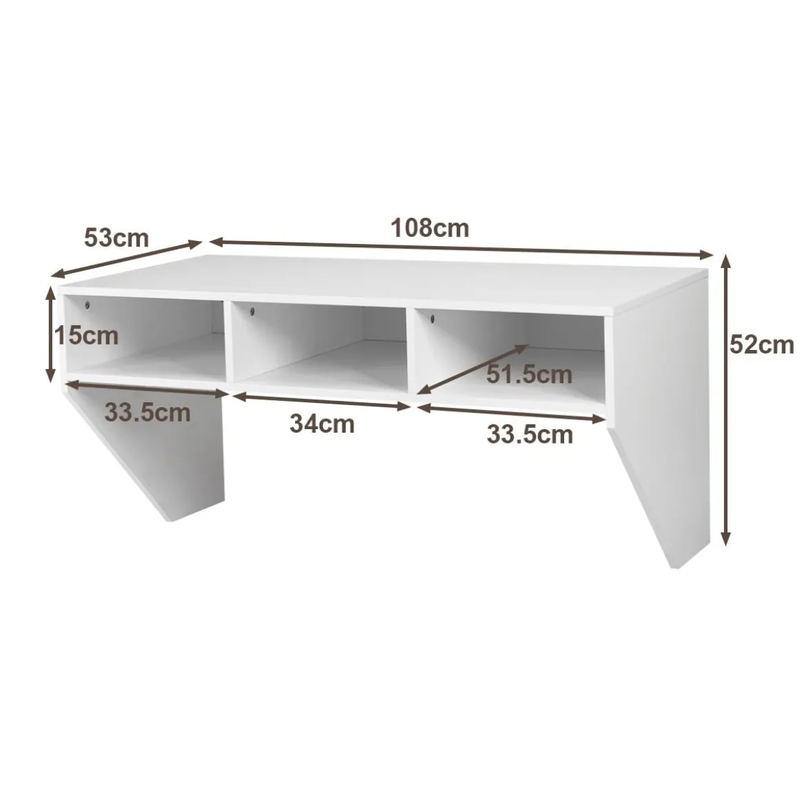 Wandmontierbarer Computertisch Hölzerner PC-Arbeitstisch mit 3 Ablageflächen 108 x 53 x 52 cm Weiß