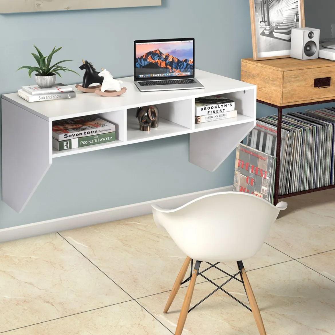 Wandmontierbarer Computertisch Hölzerner PC-Arbeitstisch mit 3 Ablageflächen 108 x 53 x 52 cm Weiß