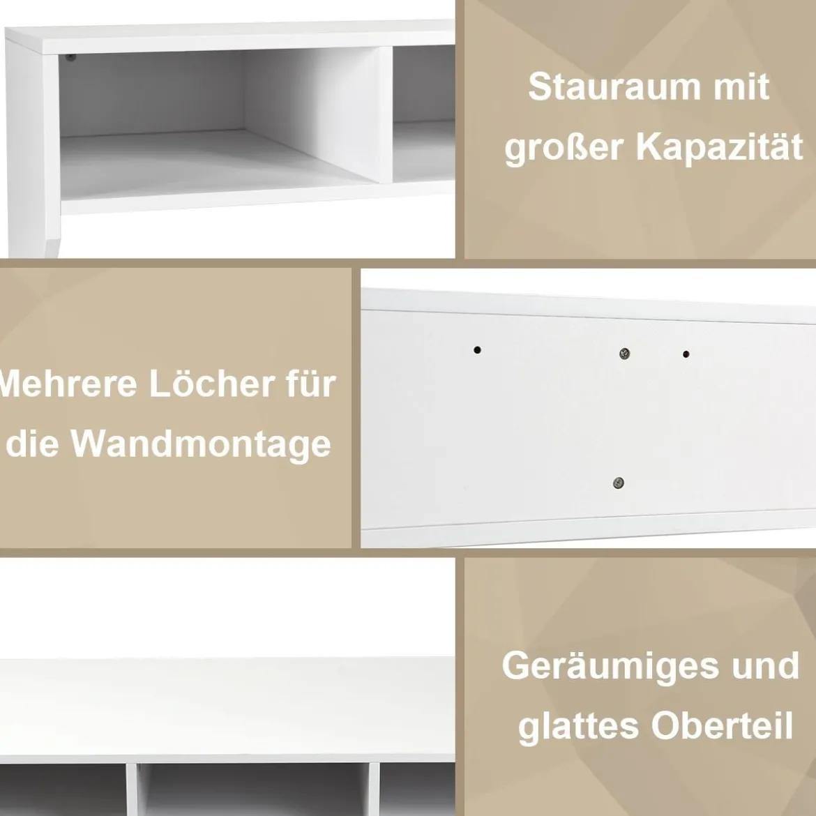 Wandmontierbarer Computertisch Hölzerner PC-Arbeitstisch mit 3 Ablageflächen 108 x 53 x 52 cm Weiß