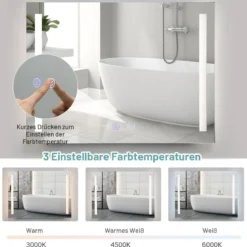 Wandmontierbarer LED-Spiegel mit stufenlos einstellbarer Helligkeit 80 x 60 cm