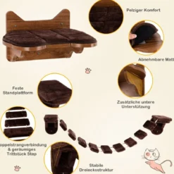 Wandmontierbares Katzen-Klettergerüst hölzernes Katzenbett Katzenbrücke Braun