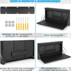 Wandmontierte klappbare Werkbank mit Lochwand Hängender Arbeitstisch Schwarz
