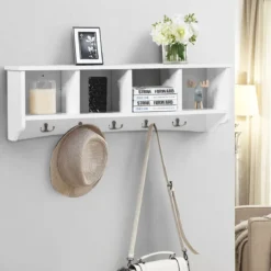 Wandmontierter Eingangsschrank mit 4 Aufbewahrungseinheiten und 5 Doppelhaken moderne Dekorationsmöbel72 x 15 x 23 cm weiß