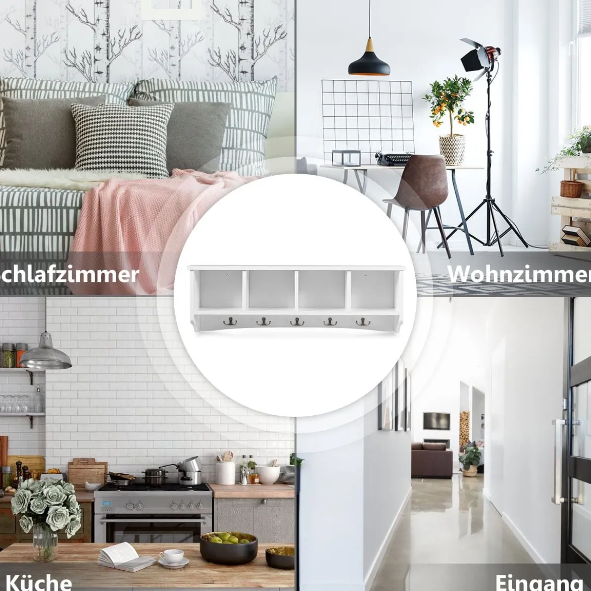 Wandmontierter Eingangsschrank mit 4 Aufbewahrungseinheiten und 5 Doppelhaken moderne Dekorationsmöbel72 x 15 x 23 cm weiß