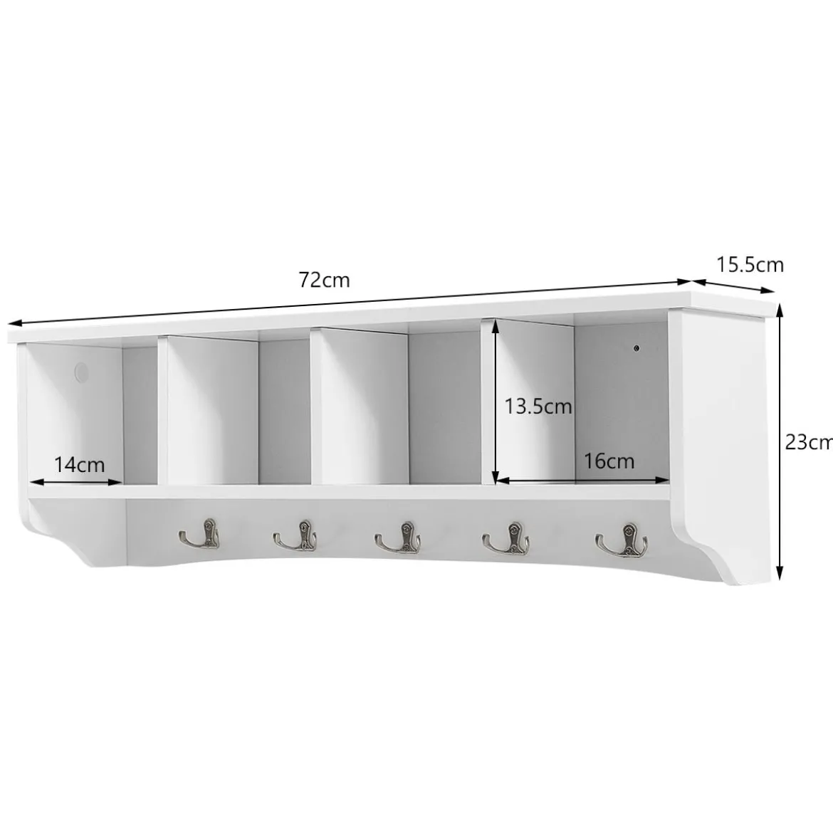 Wandmontierter Eingangsschrank mit 4 Aufbewahrungseinheiten und 5 Doppelhaken moderne Dekorationsmöbel72 x 15 x 23 cm weiß