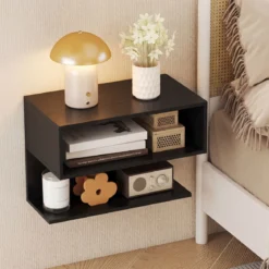 Wandmontierter Nachttisch Hängender Nachtschrank aus Holz mit 2 Offenen Fächern Schwarz