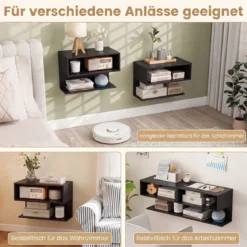 Wandmontierter Nachttisch Hängender Nachtschrank aus Holz mit 2 Offenen Fächern Schwarz