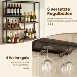 Wandmontierter Weinregal mit Flaschen- & Glasablage 6-stöckiges Hängeregal Rustikal Braun