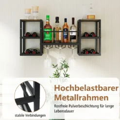 Wandmontiertes Weinregal mit Glashalter Schwerlast-Metallrahmen 8-Flaschen-Halter mit offenem Regal Rustikales Braun