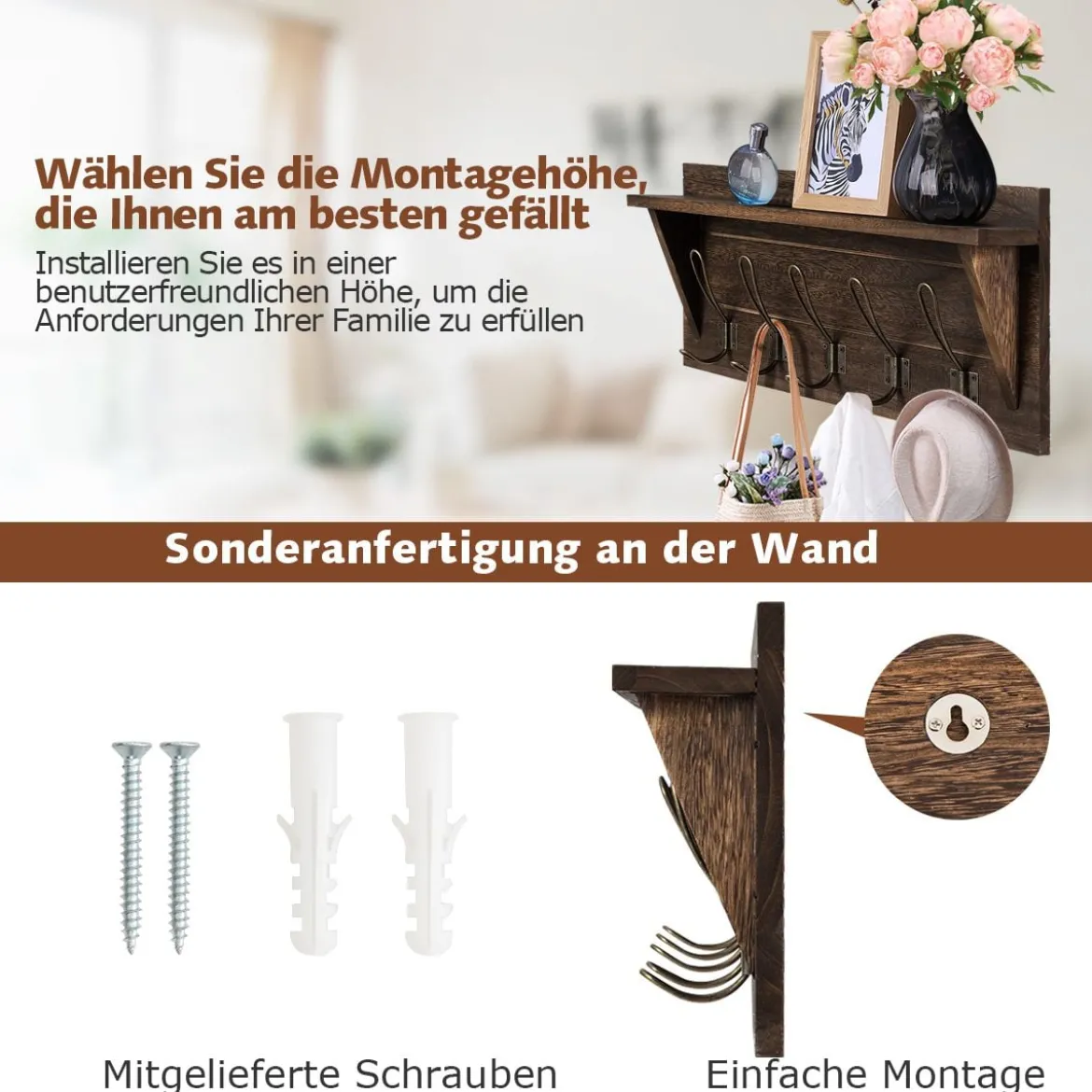 Wandregal KleiderhakenleisteWandgarderobe mit 5 Haken & Ablage 61 x 8 x 25,5 cm Braun