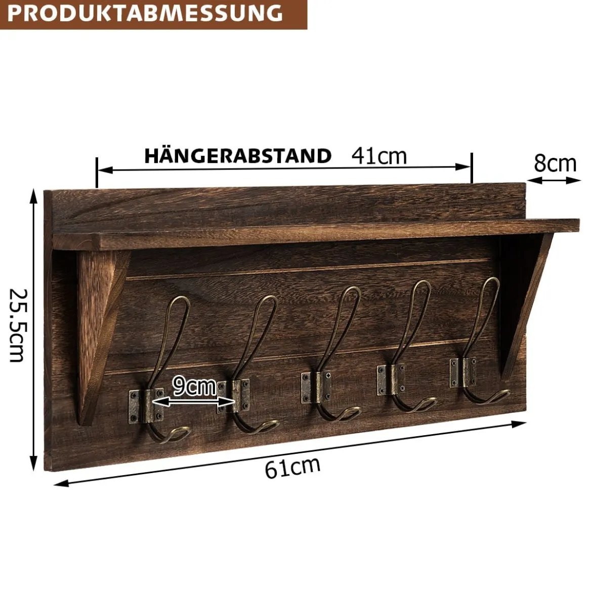 Wandregal KleiderhakenleisteWandgarderobe mit 5 Haken & Ablage 61 x 8 x 25,5 cm Braun