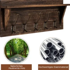 Wandregal KleiderhakenleisteWandgarderobe mit 5 Haken & Ablage 61 x 8 x 25,5 cm Braun