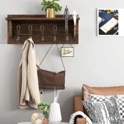 Wandregal KleiderhakenleisteWandgarderobe mit 5 Haken & Ablage 61 x 8 x 25,5 cm Braun
