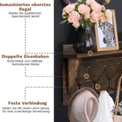 Wandregal KleiderhakenleisteWandgarderobe mit 5 Haken & Ablage 61 x 8 x 25,5 cm Braun