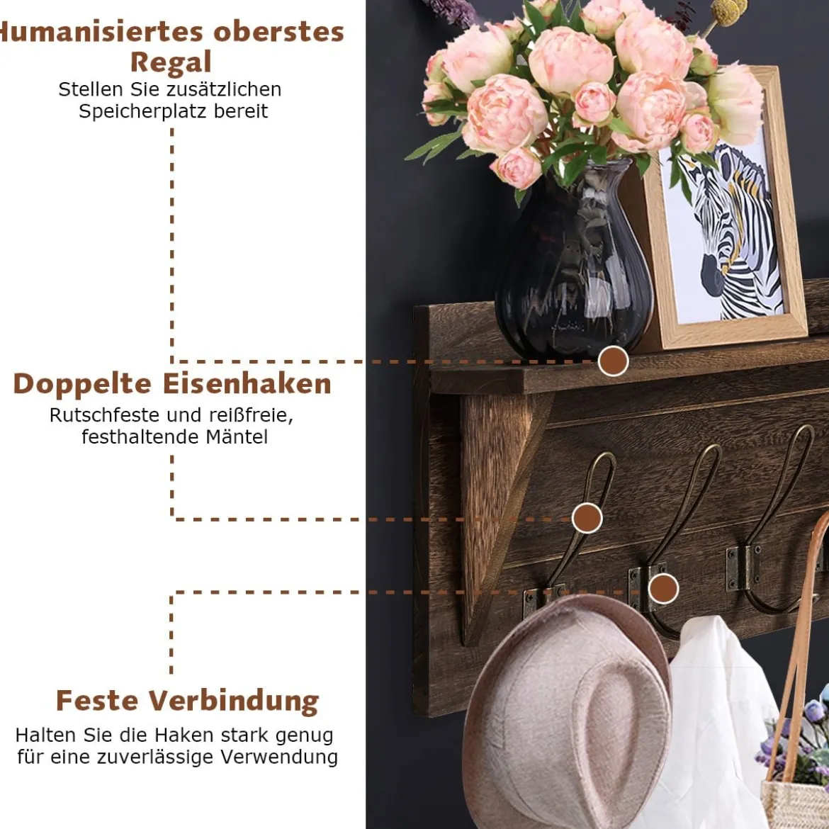 Wandregal KleiderhakenleisteWandgarderobe mit 5 Haken & Ablage 61 x 8 x 25,5 cm Braun