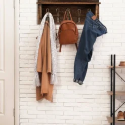 Wandregal KleiderhakenleisteWandgarderobe mit 5 Haken & Ablage 61 x 8 x 25,5 cm Braun
