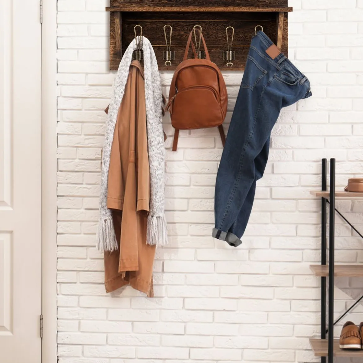 Wandregal KleiderhakenleisteWandgarderobe mit 5 Haken & Ablage 61 x 8 x 25,5 cm Braun