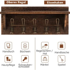 Wandregal KleiderhakenleisteWandgarderobe mit 5 Haken & Ablage 61 x 8 x 25,5 cm Braun