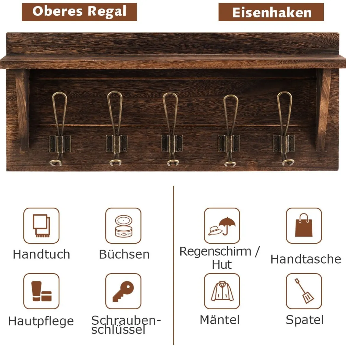 Wandregal KleiderhakenleisteWandgarderobe mit 5 Haken & Ablage 61 x 8 x 25,5 cm Braun