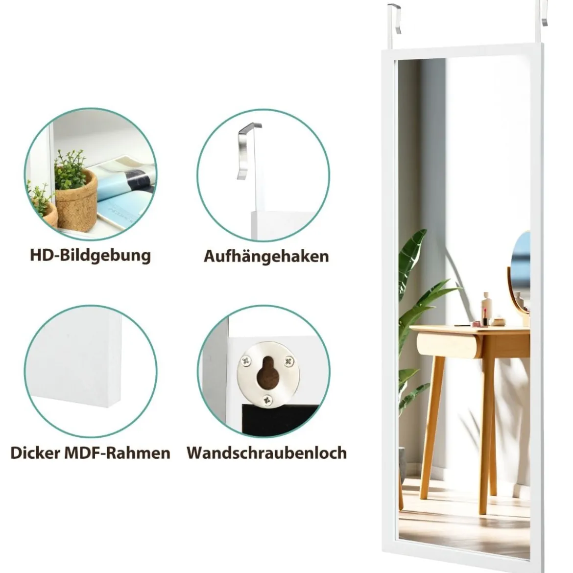 Wandspiegel Ganzkörperspiegel mit höhenverstellbaren Hängehaken 37 x 2 x 120 cm Weiß