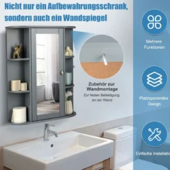 Wandspiegelschrank mit Spiegel Aufbewahrungsschrank für Badezimmer mit Mehreren Einlegeböden Grau
