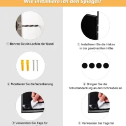 Wandspiegel Türspiegel Ganzkörperspiegel mit Höhenverstellbaren Hängehaken Schwarz
