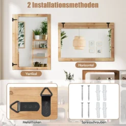 Wandspiegel zum Aufhängen mit Holzrahmen & Metallhaken Hängespiegel Holzspiegel