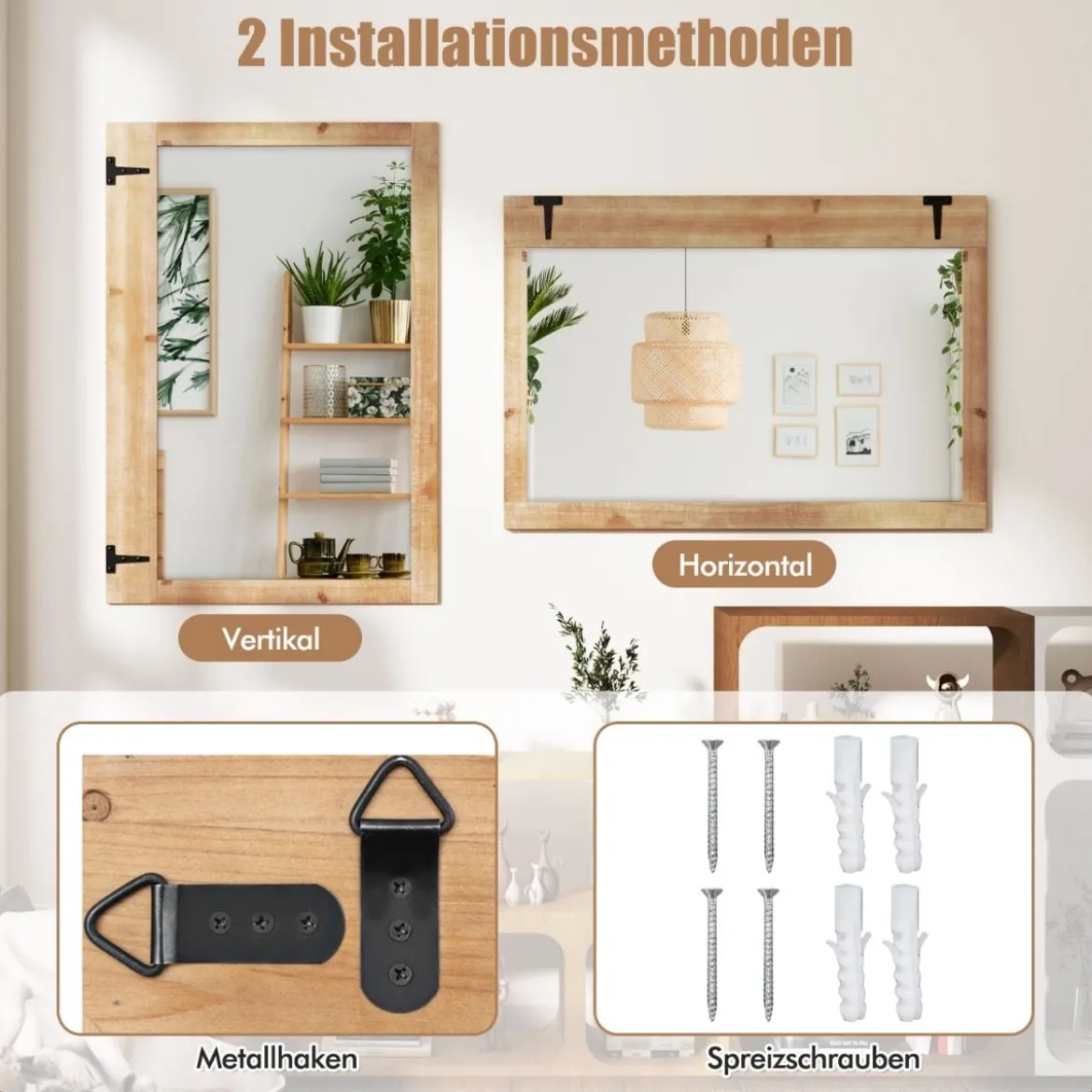 Wandspiegel zum Aufhängen mit Holzrahmen & Metallhaken Hängespiegel Holzspiegel