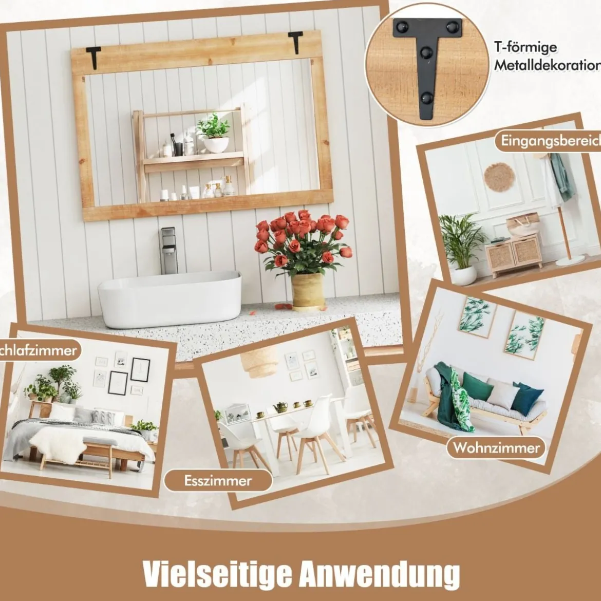 Wandspiegel zum Aufhängen mit Holzrahmen & Metallhaken Hängespiegel Holzspiegel