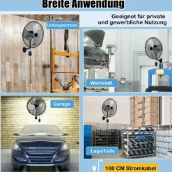 Wandventilator Industriell 56cm 85° Oszillation & 30° verstellbare Neigungswinkel Silber/Schwarz