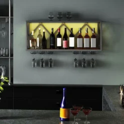 Wand Weinregal mit LED Beleuchtung & 6 Reihen Weingläserhalter 2 Ebenen Holz Flaschenregal