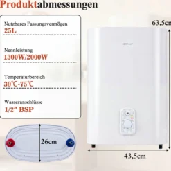 Warmwasserspeicher 25 L mit Doppelbehälter 1300 w und 2000 w Heizmodus 30 - 75 ℃