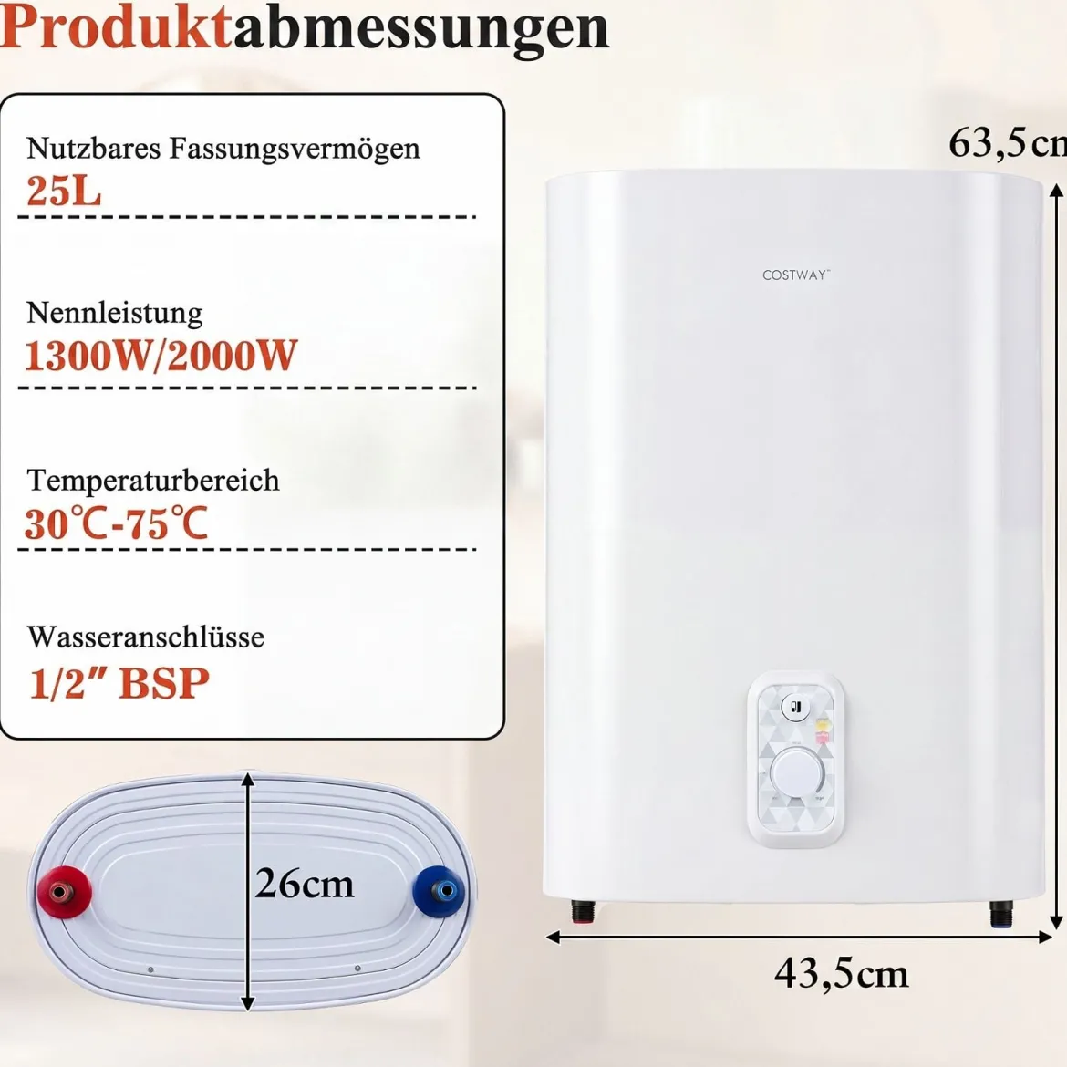 Warmwasserspeicher 25 L mit Doppelbehälter 1300 w und 2000 w Heizmodus 30 - 75 ℃
