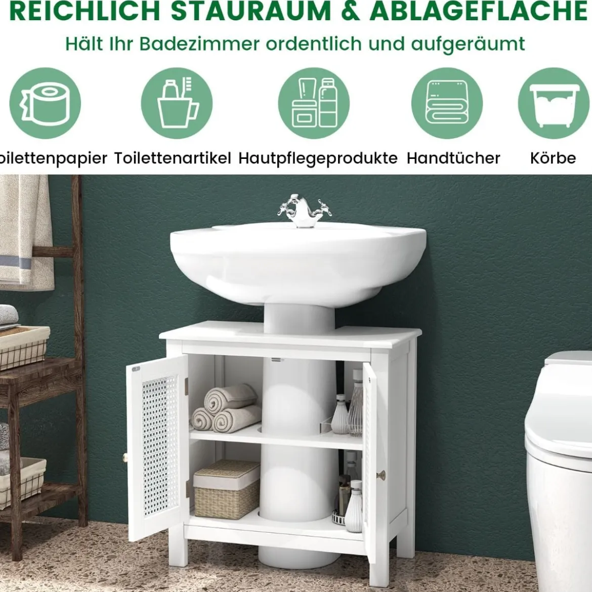 Waschbeckenunterschrank Badezimmerschrank mit 2 Türen Rattantür Weiß 60 x 30 x 60 cm