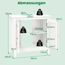 Waschbeckenunterschrank Badezimmerschrank mit 2 Türen Rattantür Weiß 60 x 30 x 60 cm